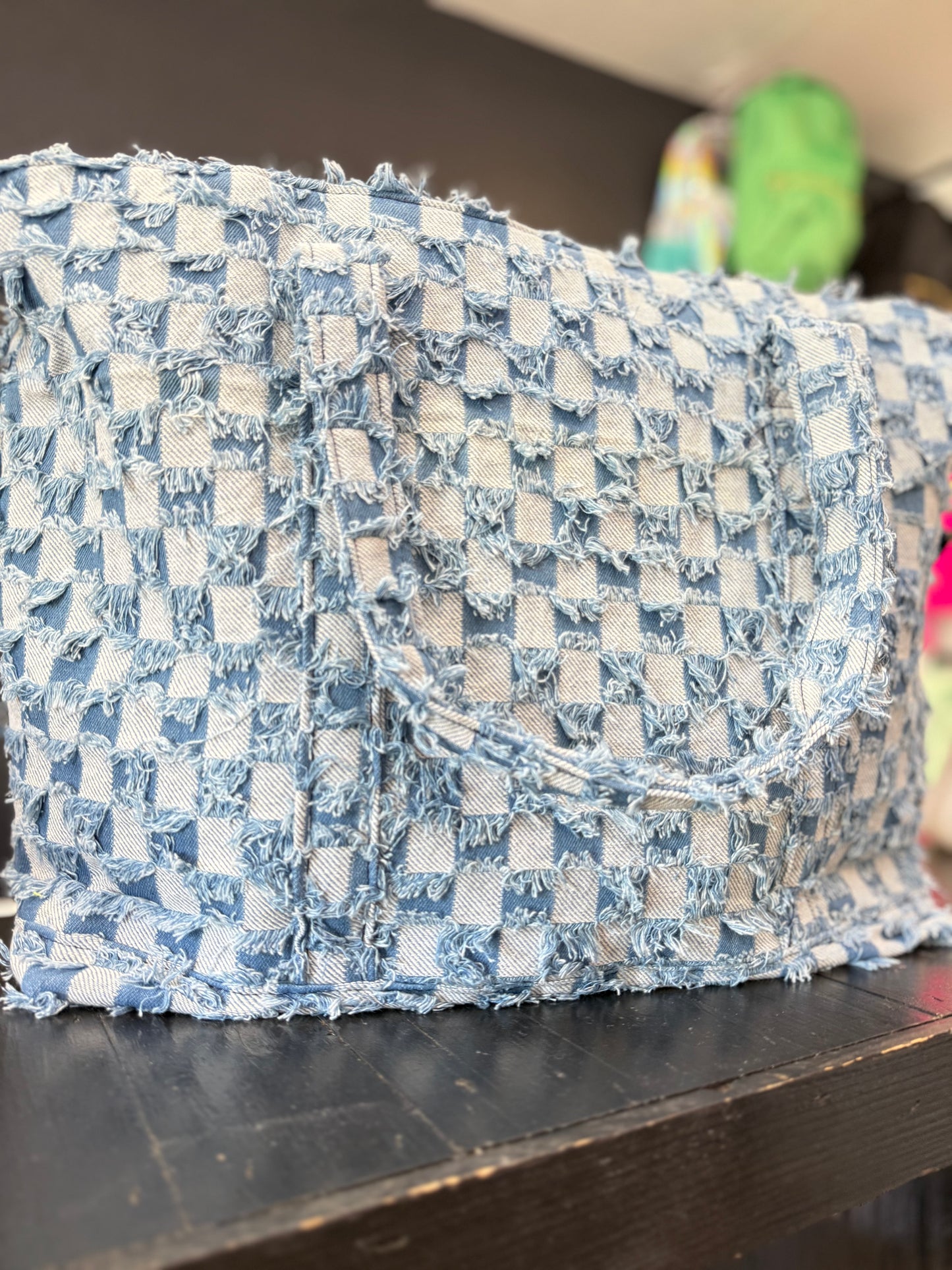 Checkered Denim Tote Bag
