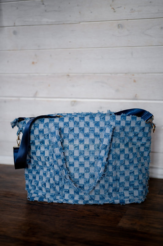 Checkered Denim Tote Bag