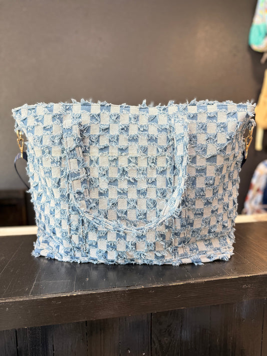 Checkered Denim Tote Bag